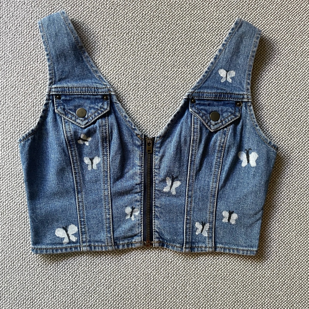 BDG x Reworked Denim Hand-Painted Butterfly Crop Top